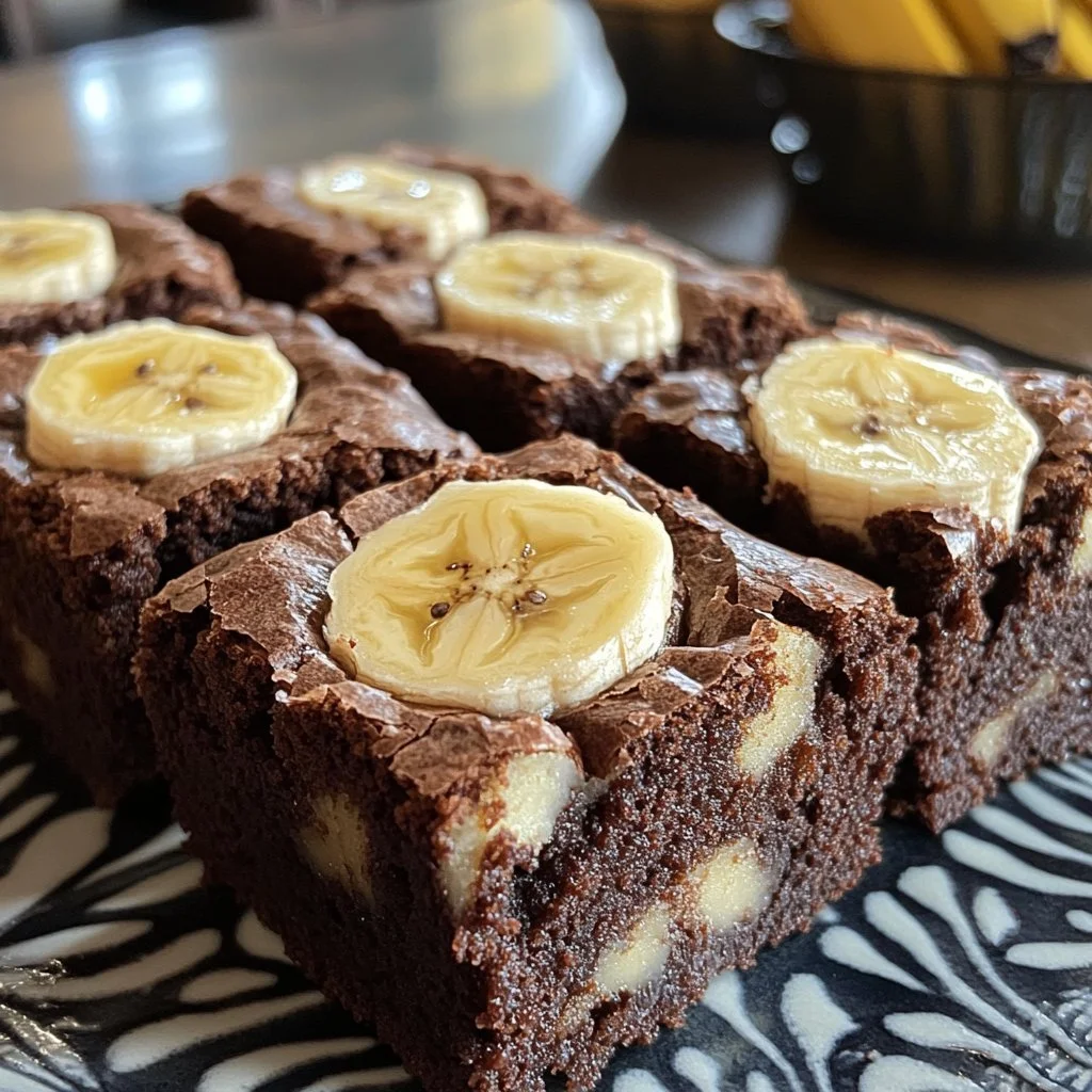 Moist banana bread brownies served on a plate with chocolate drizzle