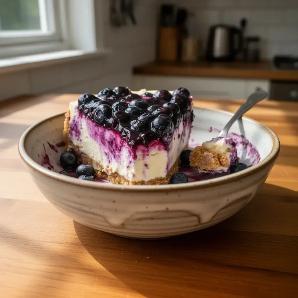 No Bake Blueberry Cheesecake topped with fresh blueberries and whipped cream
