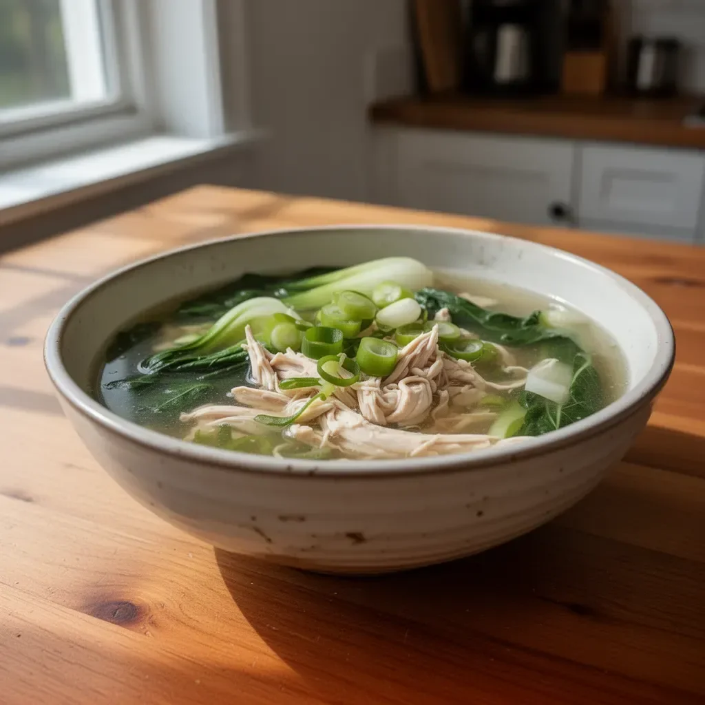 A bowl of nourishing Bok Choy Chicken Soup with fresh vegetables and chicken pieces.