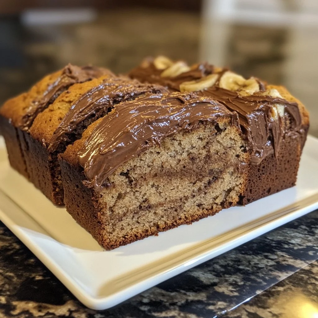 Sliced Nutella Banana Bread with chocolate swirls and bananas