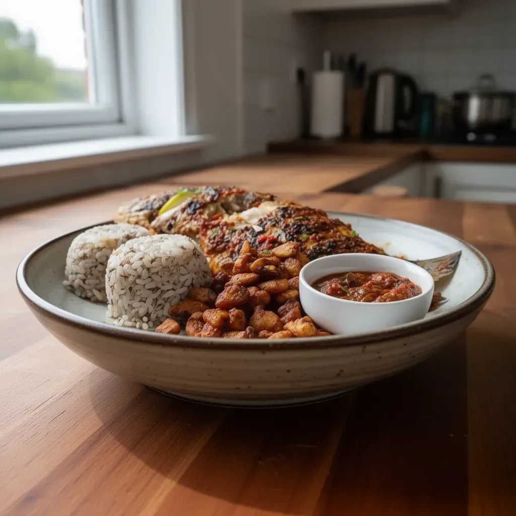 Delicious plate of Ofada Sauce served with fish and rice, a traditional Nigerian dish.