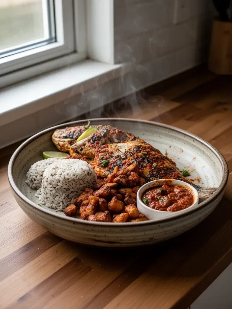 Ofada Sauce, Fish, and Rice