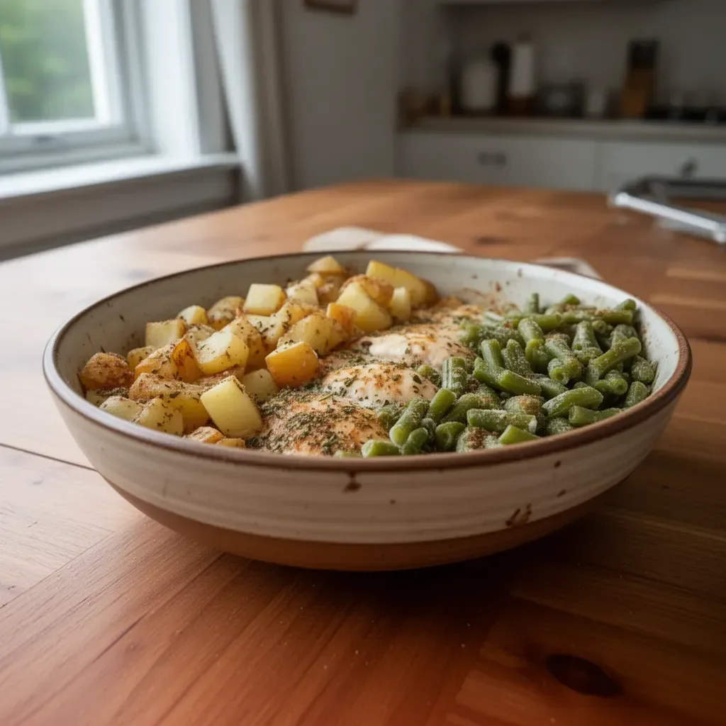 One-Pan Baked Chicken served with potatoes and green beans
