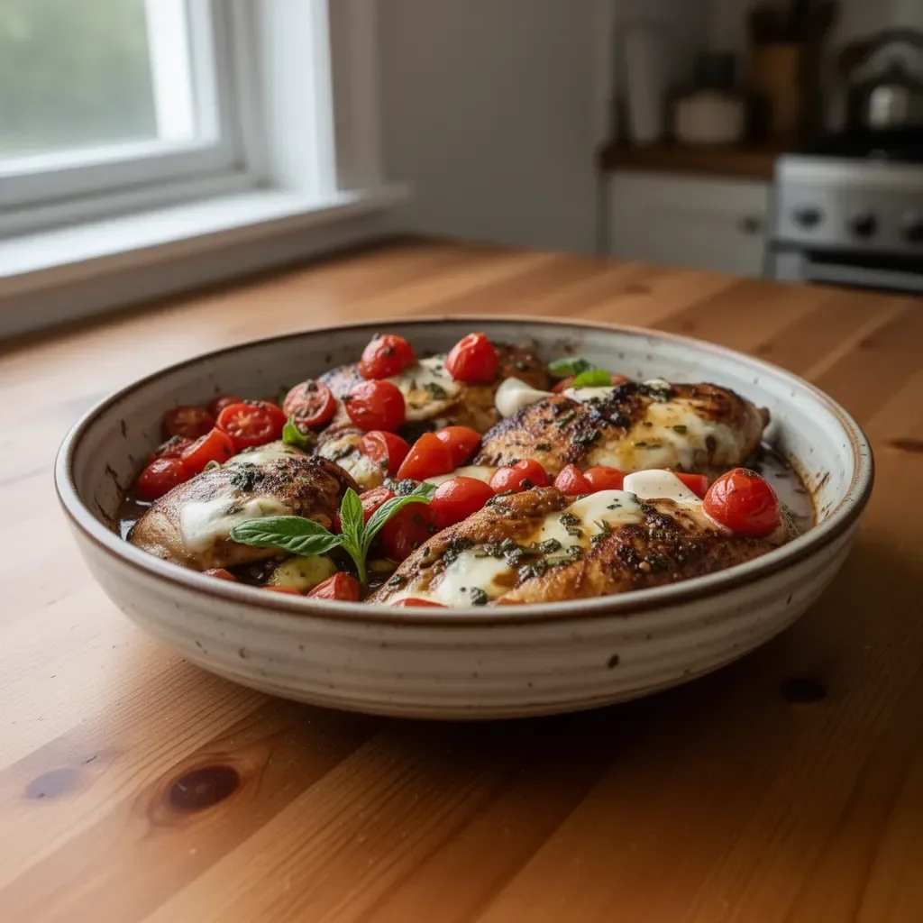 One-Pan Balsamic Chicken cooked with vegetables in a skillet