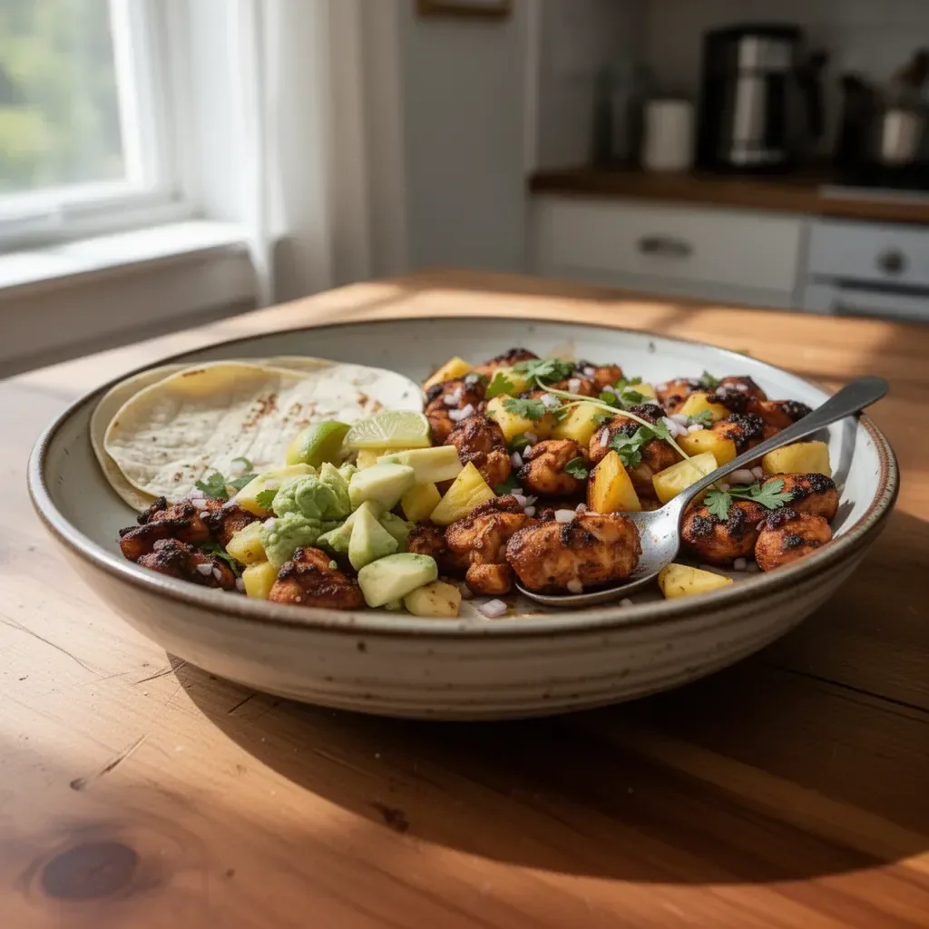 One Pan Chicken & Pineapple Tacos served on a plate, topped with fresh toppings.