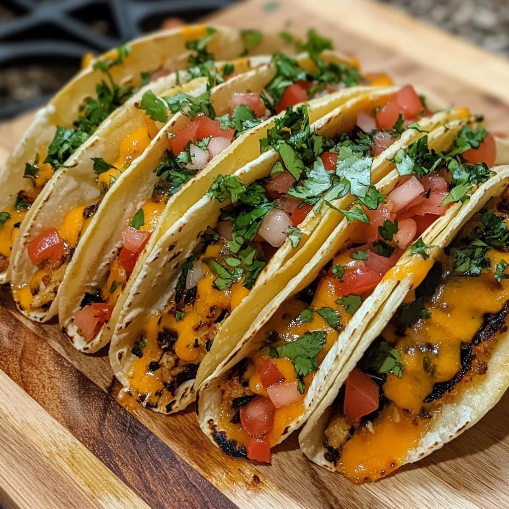 Oven-baked cheesy tacos filled with melted cheese and toppings