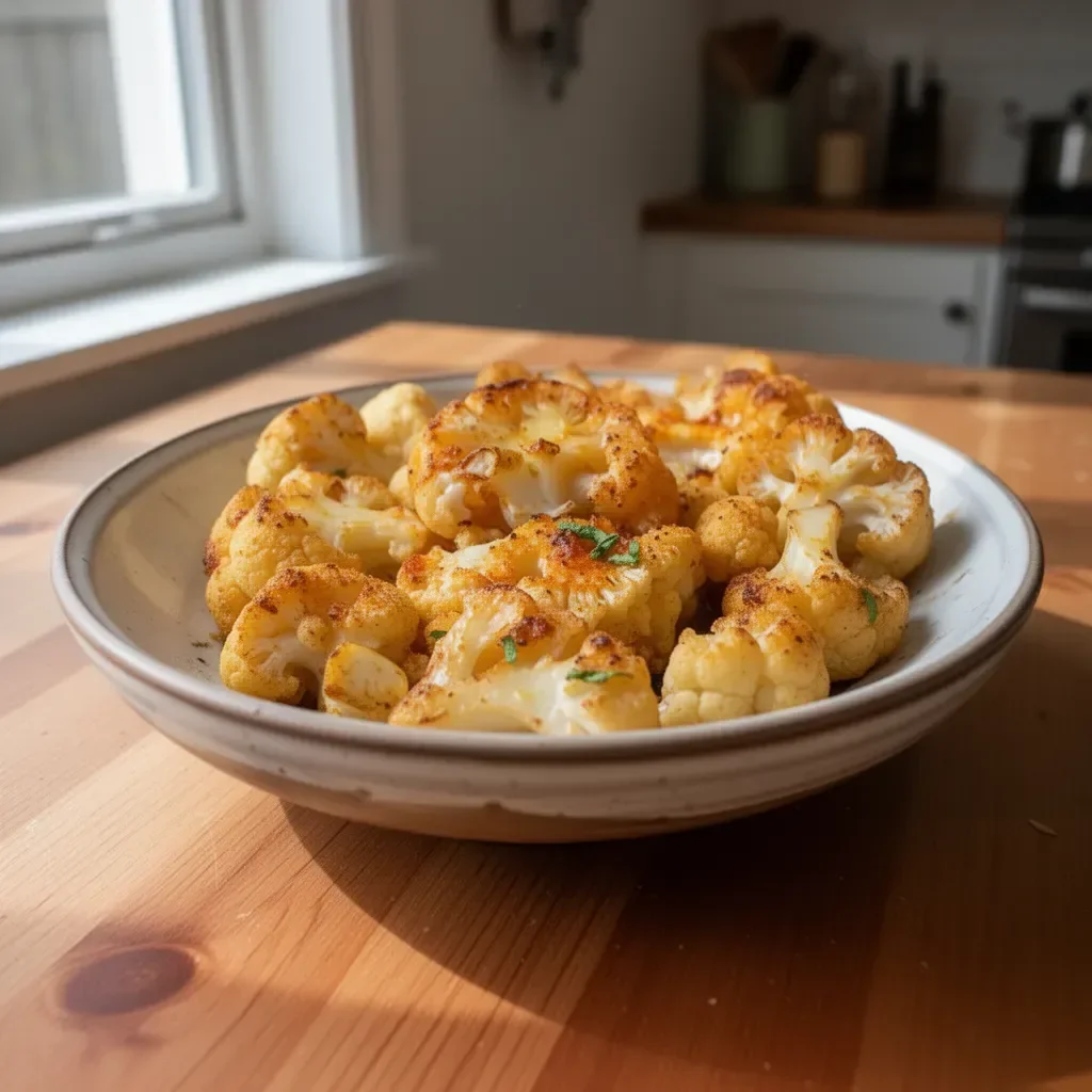 Plate of golden-brown oven-roasted cauliflower with herbs and spices