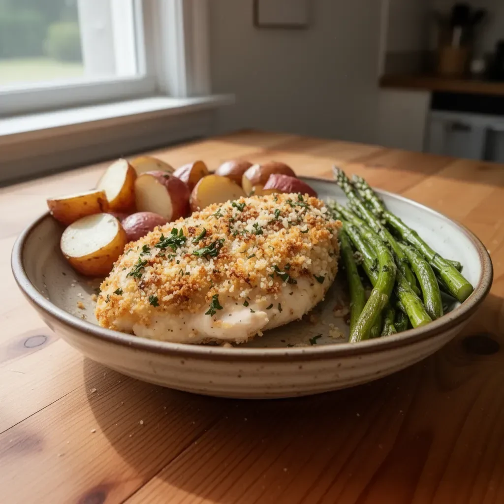 Parmesan-Crusted Chicken on a sheet pan with vegetables