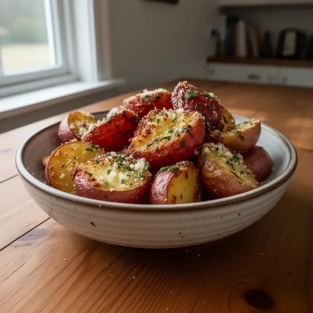 Delicious Parmesan Roasted Red Potatoes on a plate garnished with herbs.