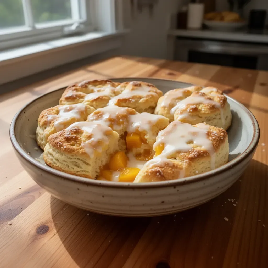 Delicious Peach Butter Swim Biscuits with fresh peach topping