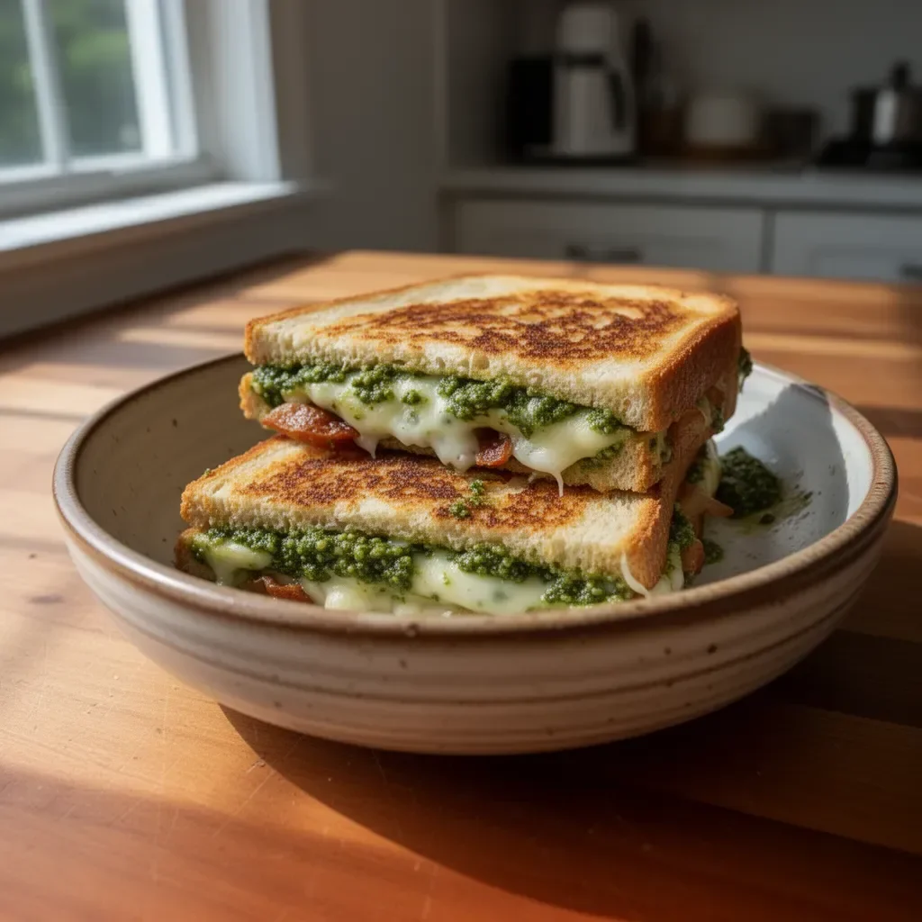 A delicious pesto grilled cheese sandwich with melted cheese and fresh basil pesto.