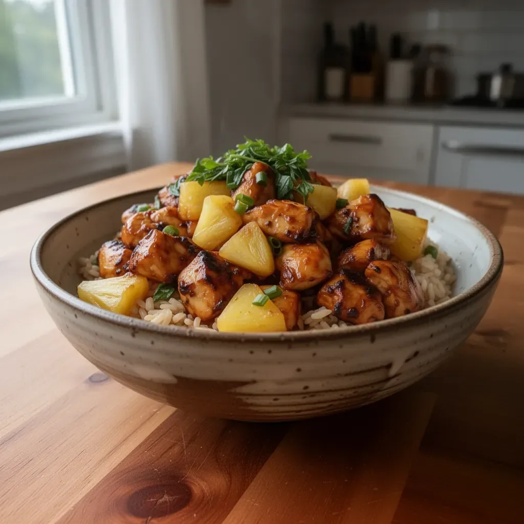 Pineapple Chicken with Rice served on a plate garnished with fresh herbs