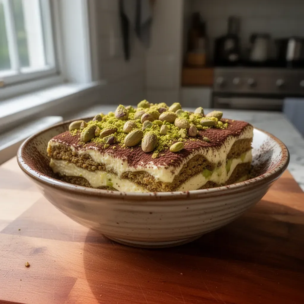 Deliciously layered Pistachio Tiramisu dessert with nuts and coffee flavor