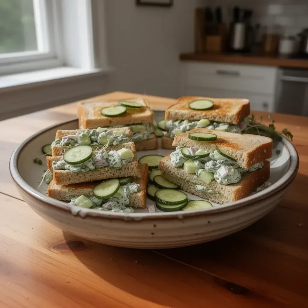 Quick cucumber salad sandwiches served on a plate, showcasing fresh ingredients.