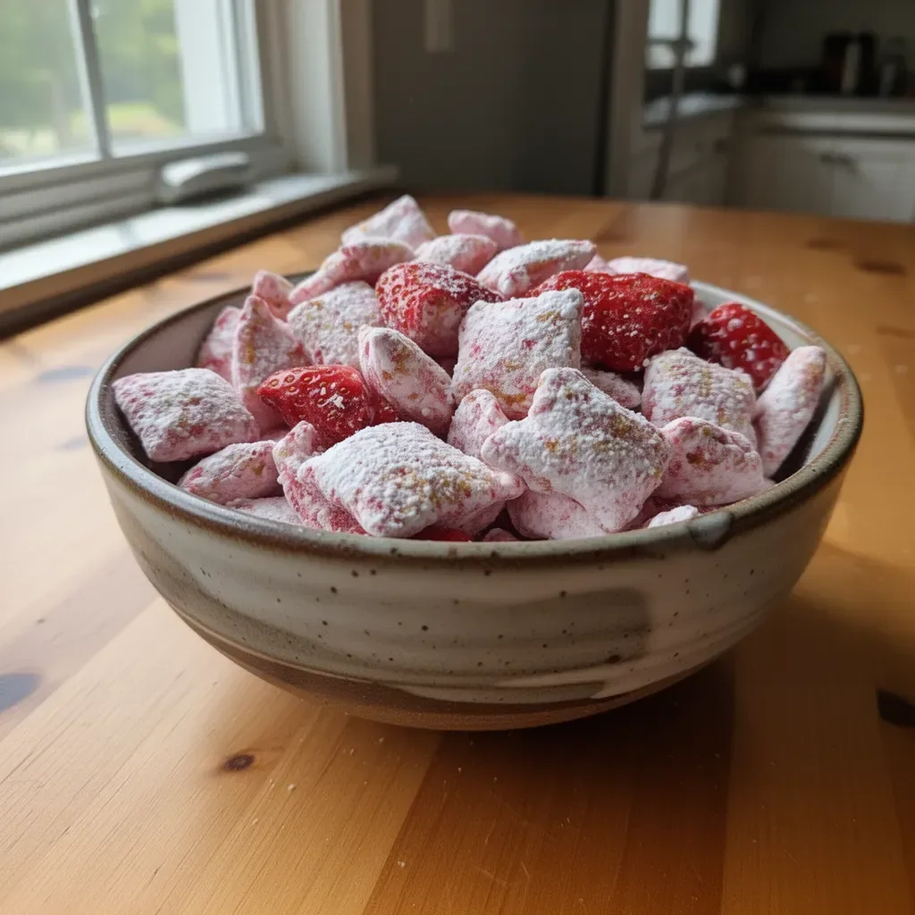 Delicious strawberry shortcake puppy chow snack in a bowl