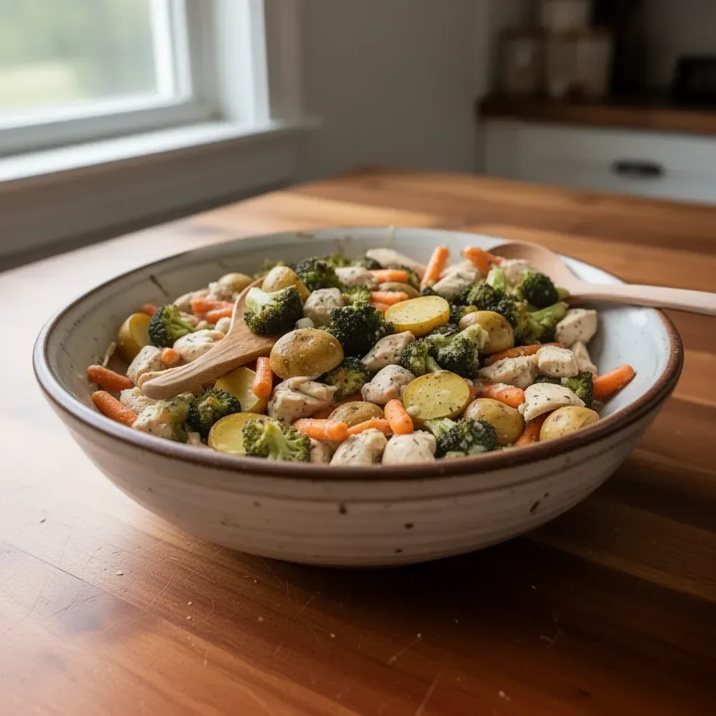 Delicious Ranch Chicken Bake served on a plate with herbs and vegetables