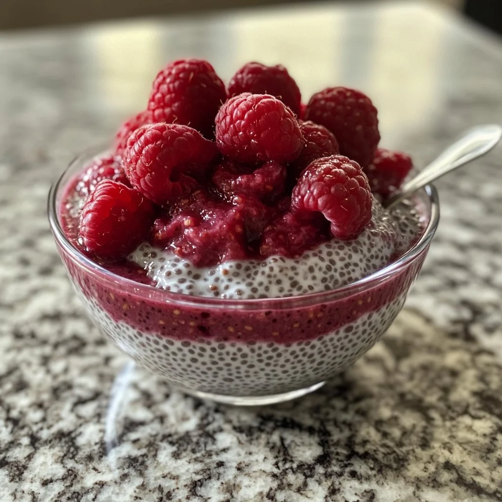Raspberry chia pudding topped with fresh raspberries and drizzled with maple syrup
