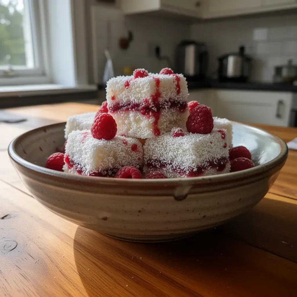 Delicious Raspberry Lamingtons topped with fresh raspberries and coconut.