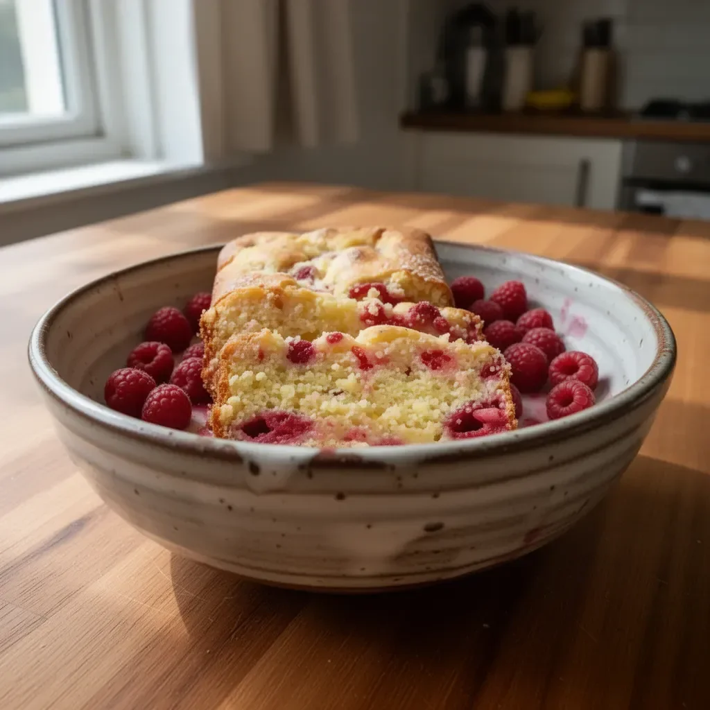 Delicious Raspberry Lemon Loaf Cake topped with fresh raspberries and lemon zest.