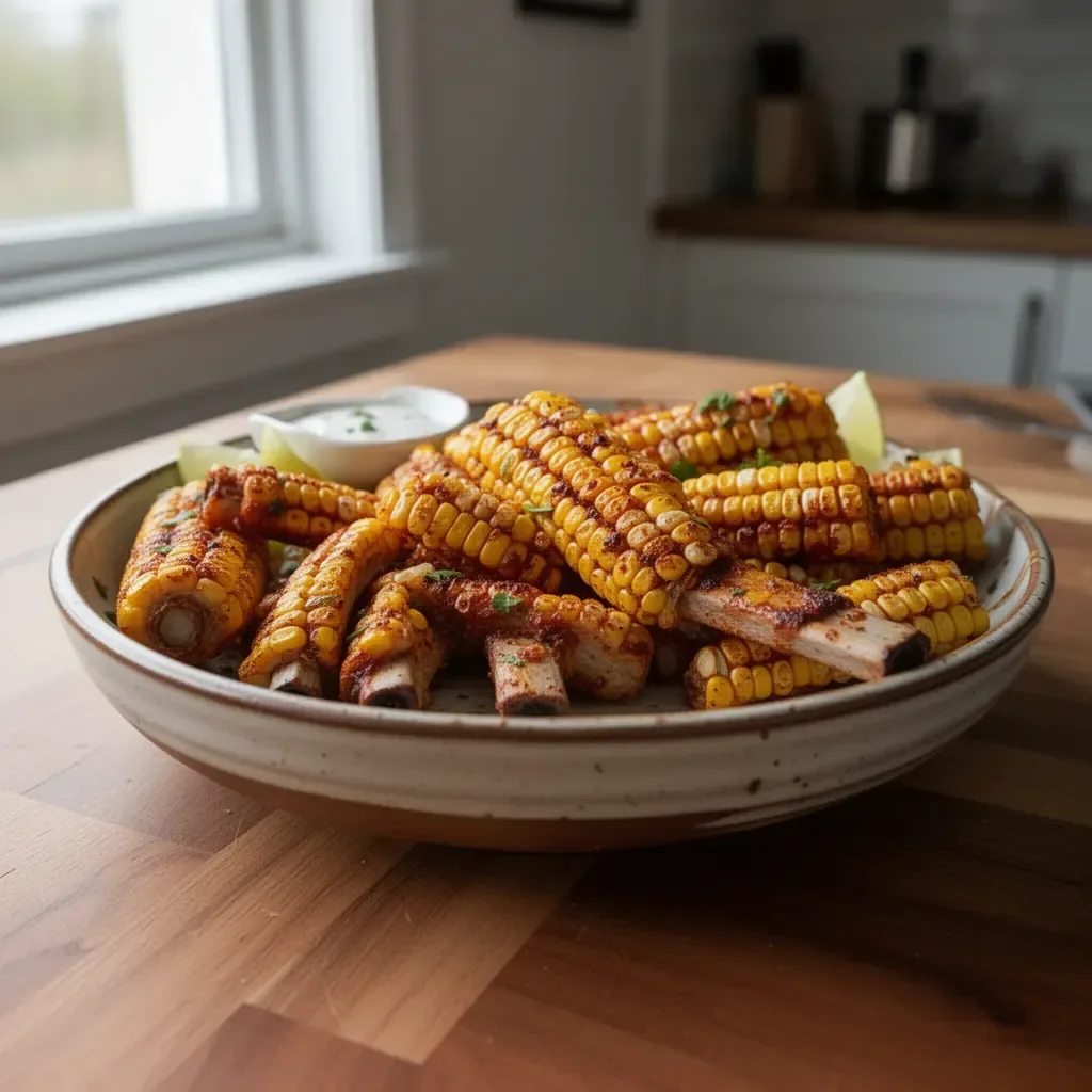 Plate of delicious roasted corn ribs garnished with herbs.