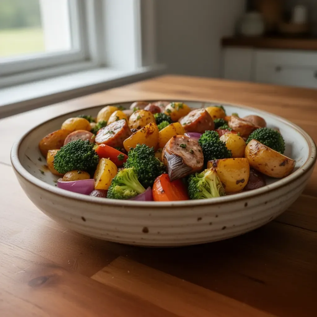 Colorful roasted vegetables and chicken sausage on a baking sheet