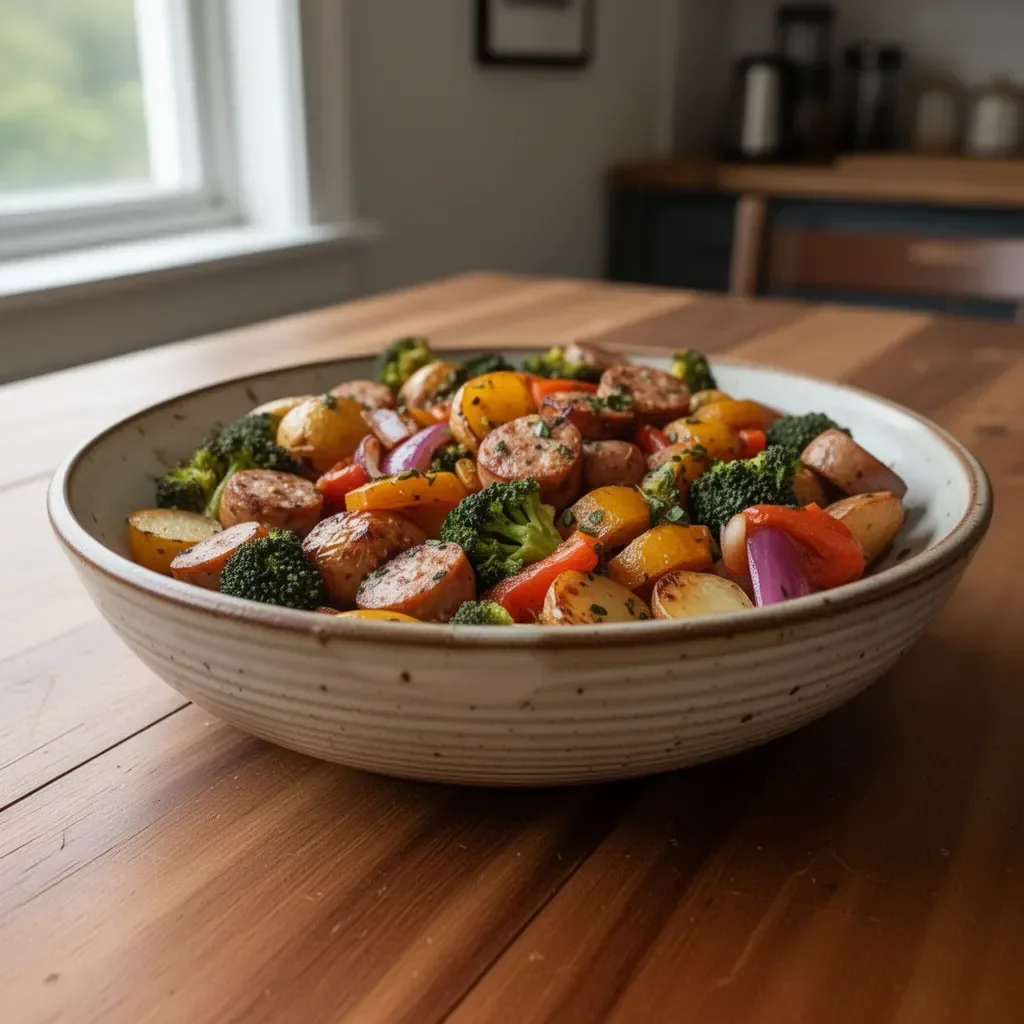Roasted Veggie and Chicken Sausage Sheet Pan Dinner served on a rustic wooden table