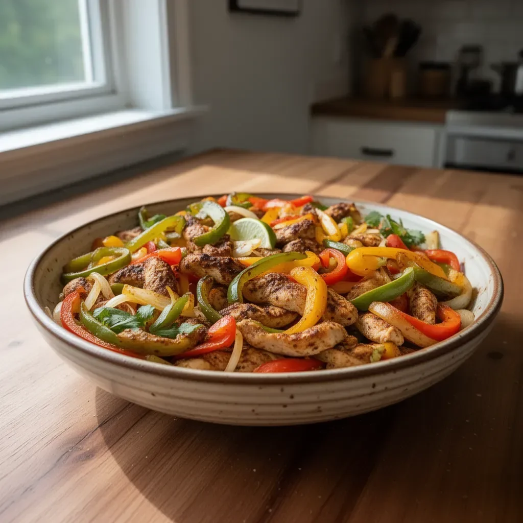 Colorful sheet pan chicken fajitas with bell peppers and onions