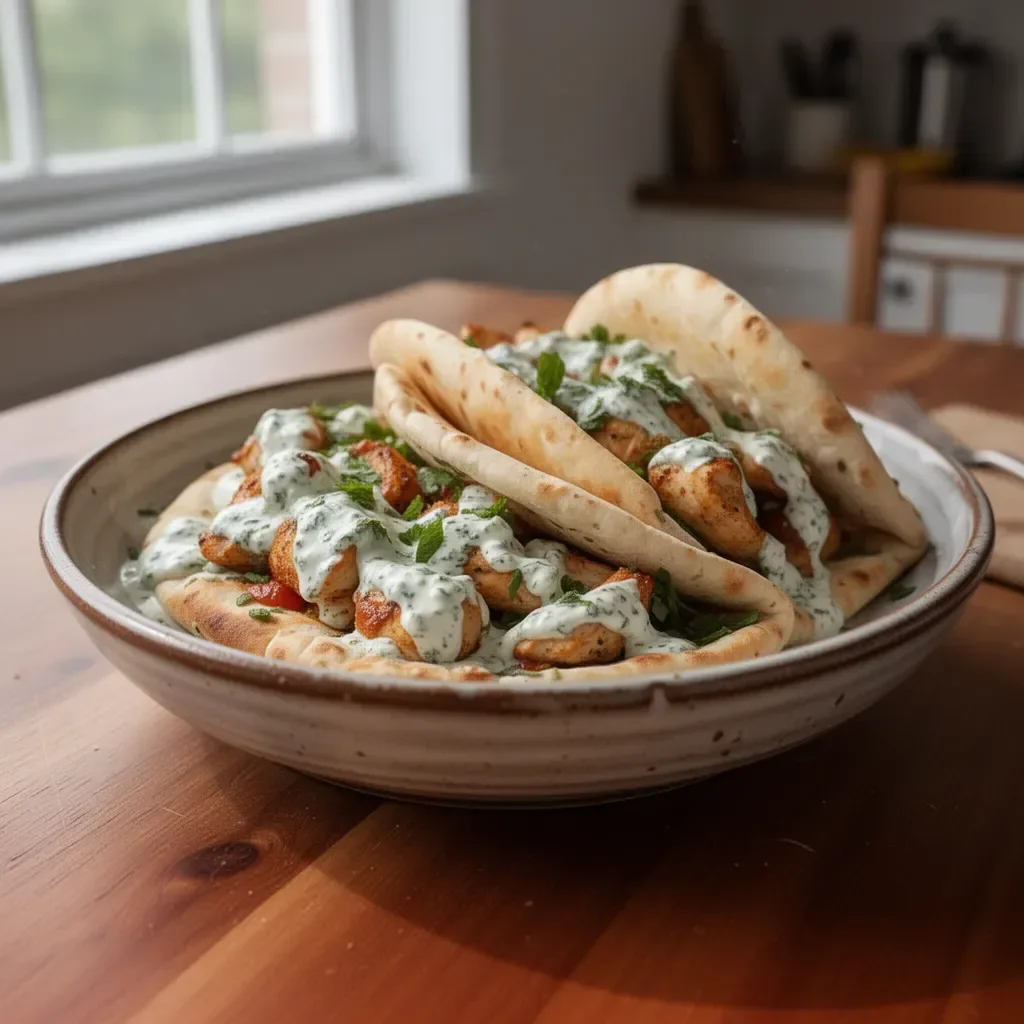 Sheet pan chicken pitas topped with herby ranch dressing and fresh ingredients.