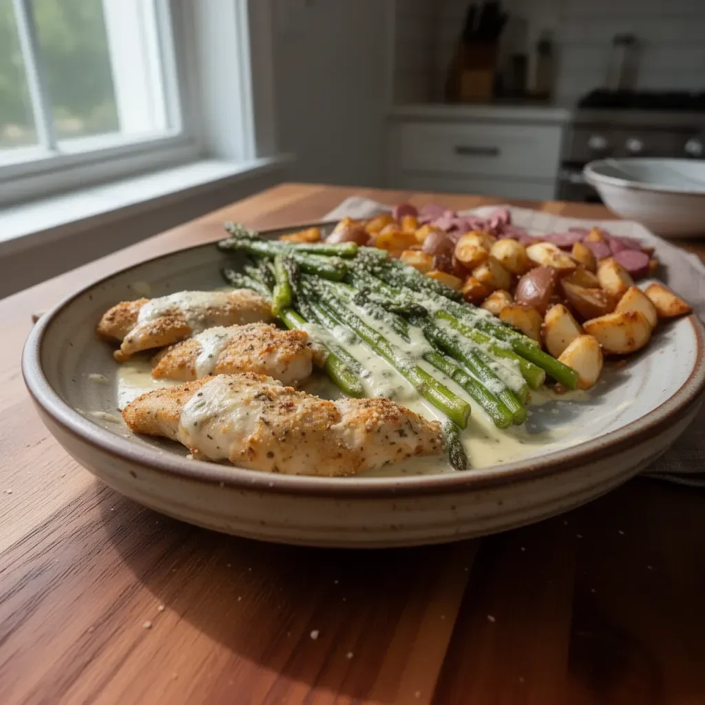 Sheet pan chicken tenders with garlic parmesan sauce ready to serve.