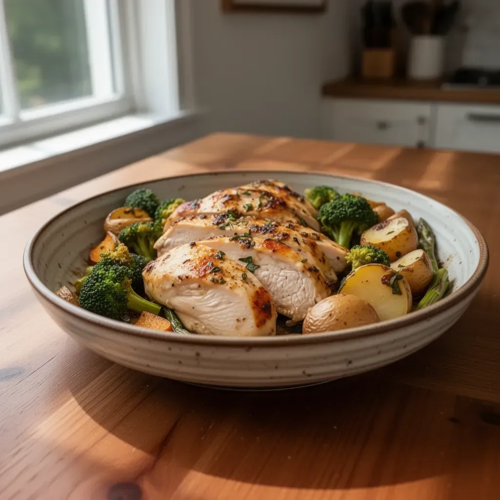 Sheet pan garlic butter chicken with colorful roasted veggies