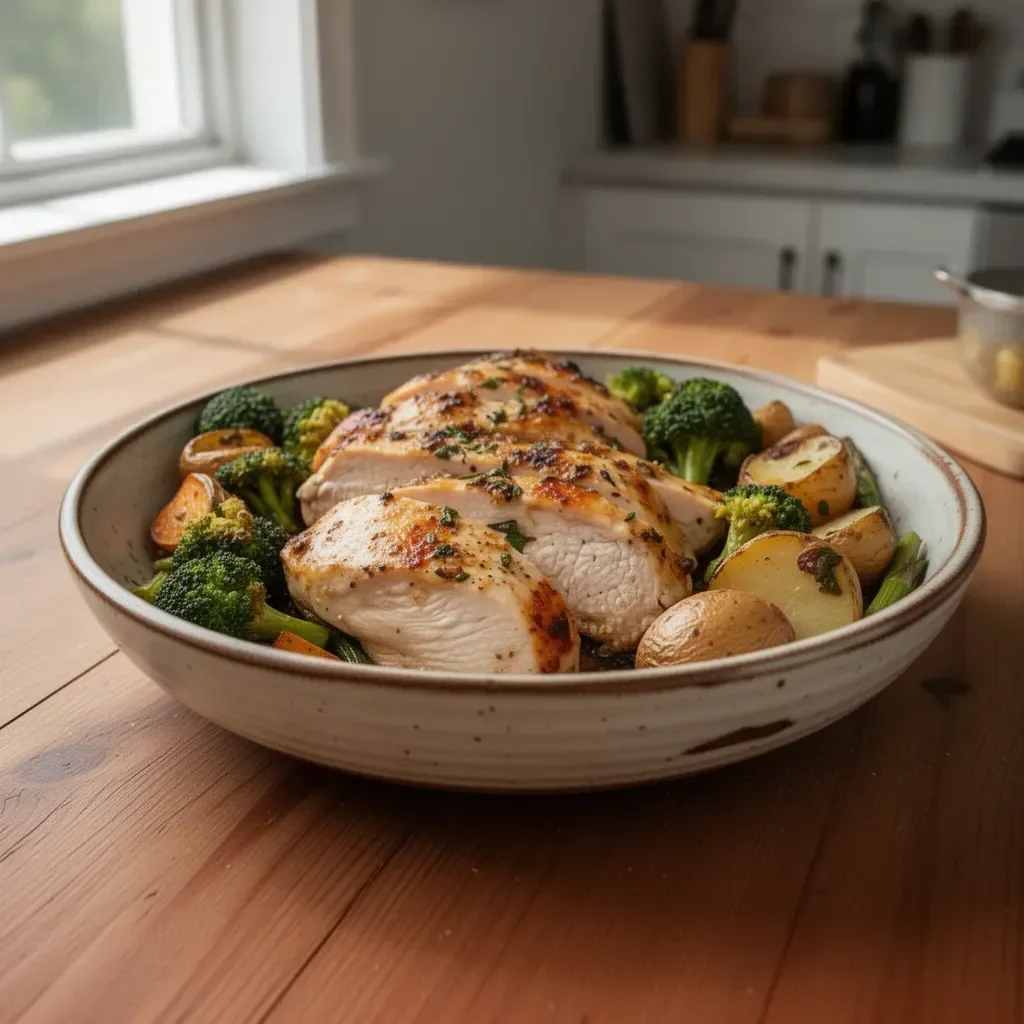 Sheet pan garlic butter chicken with fresh veggies roasted to perfection