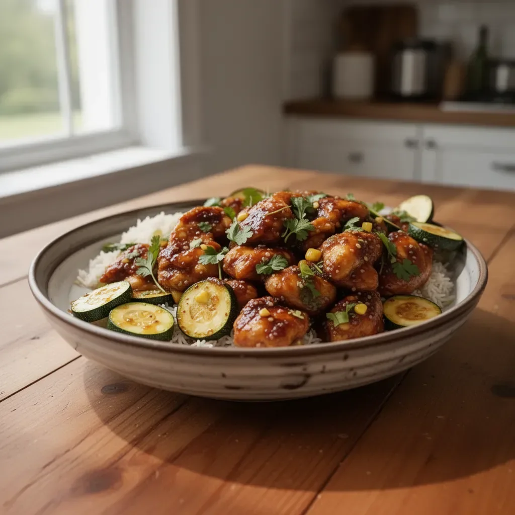 Sheet Pan Hot Honey Garlic Chicken served with Zucchini on a plate