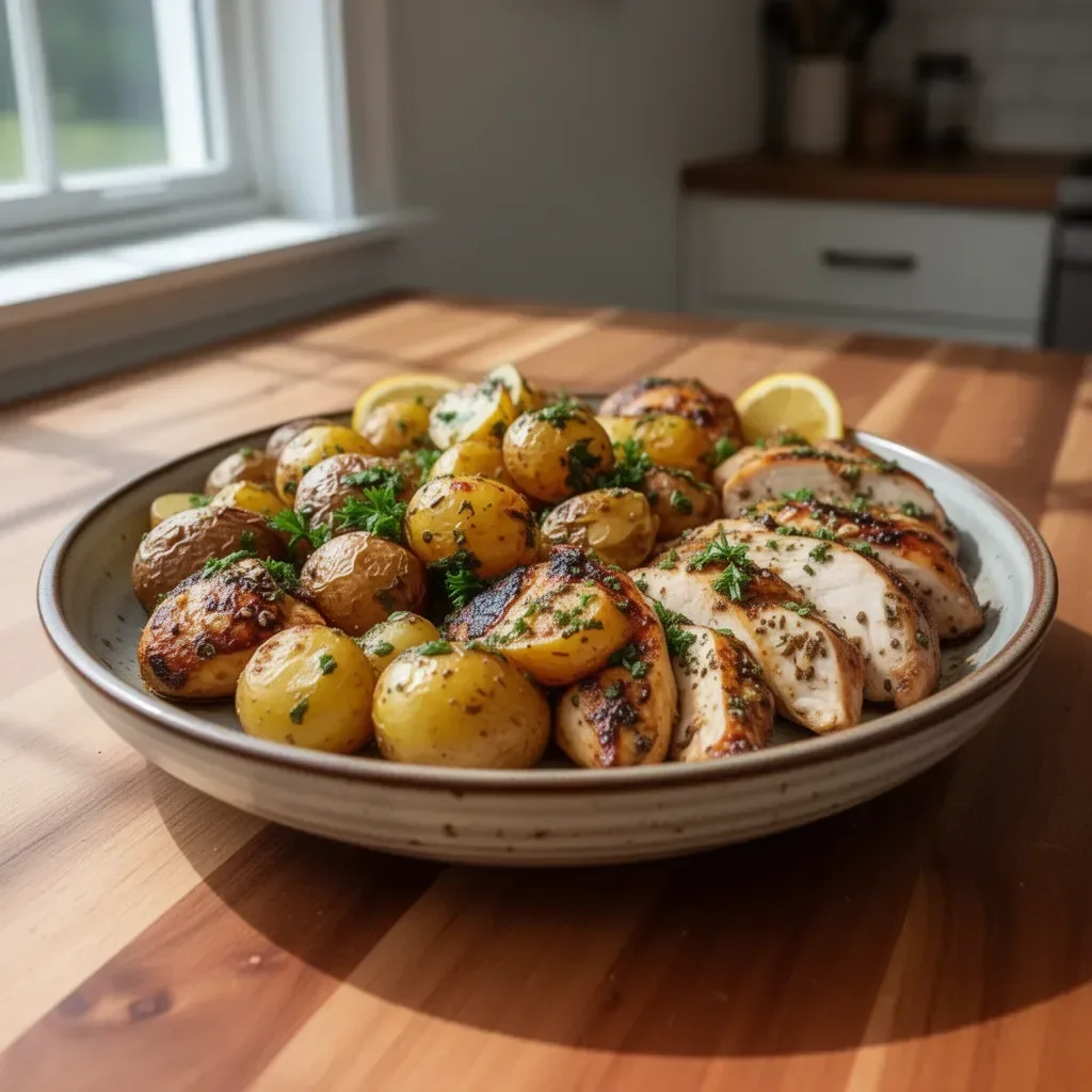 Sheet Pan Lemon Balsamic Chicken with potatoes ready to serve