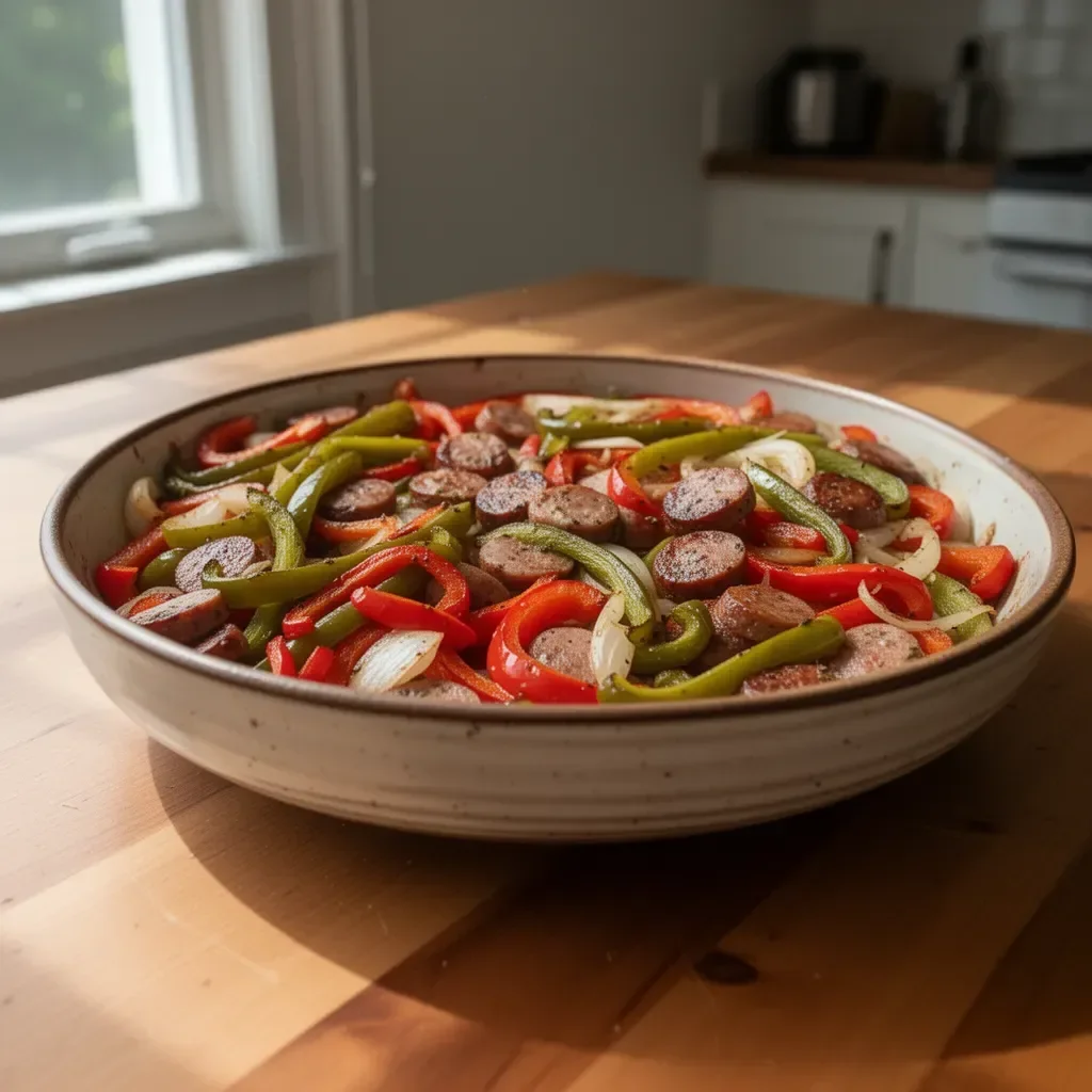 Sheet pan sausage and peppers dish with colorful vegetables