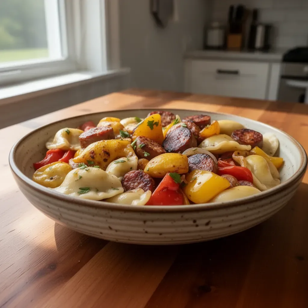 Delicious sheet pan sausage and pierogies recipe ready to be served