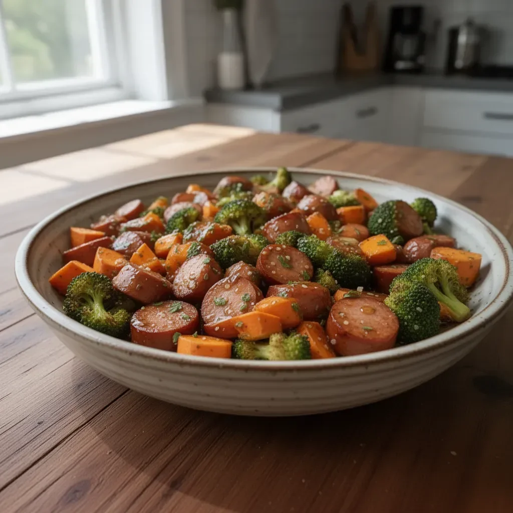 Sheet pan sausage and sweet potatoes with honey garlic sauce ready to serve