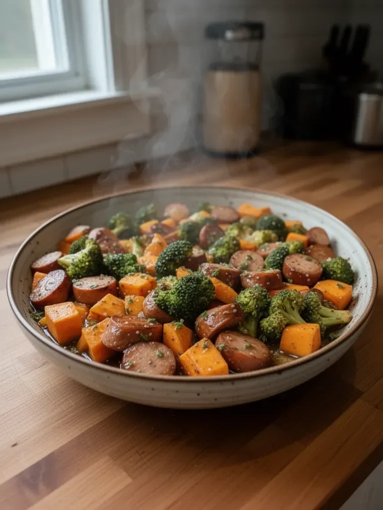 Sheet Pan Sausage and Sweet Potatoes with Honey Garlic Sauce