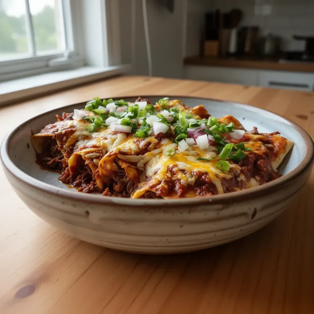 Delicious shredded beef enchiladas topped with cheese and salsa