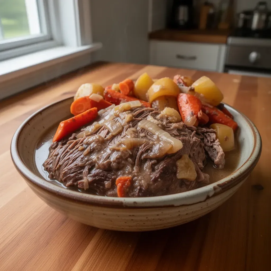 Slow cooker pot roast with Lipton onion soup mix served on a plate.