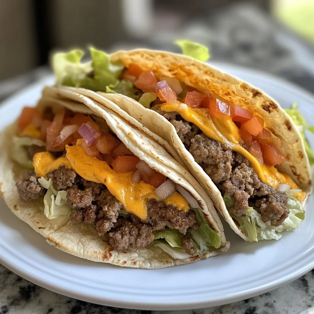 Delicious smash burger tacos served on a plate with toppings and sauces.