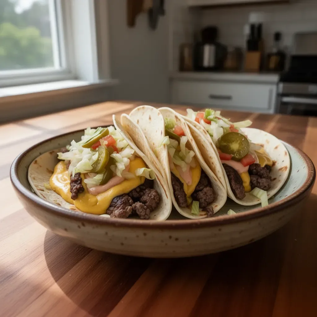 Delicious smash burger tacos served with fresh toppings and sauces
