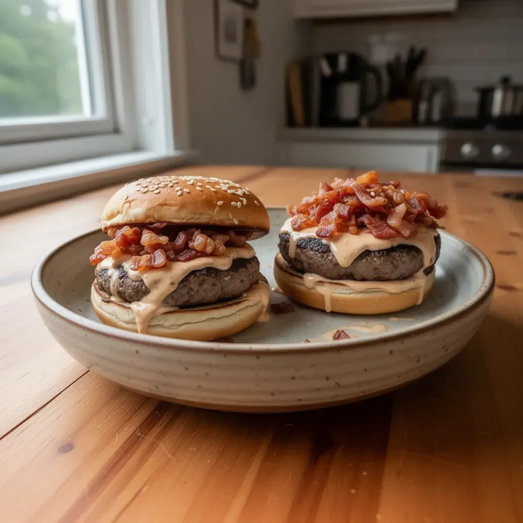 Juicy smash burgers topped with baconnaise sauce on a bun