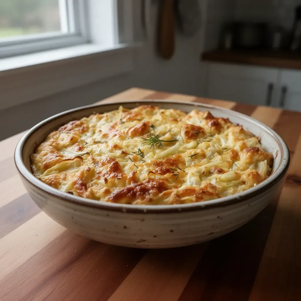Smoked Gouda and Cabbage Bake in a baking dish topped with golden breadcrumbs