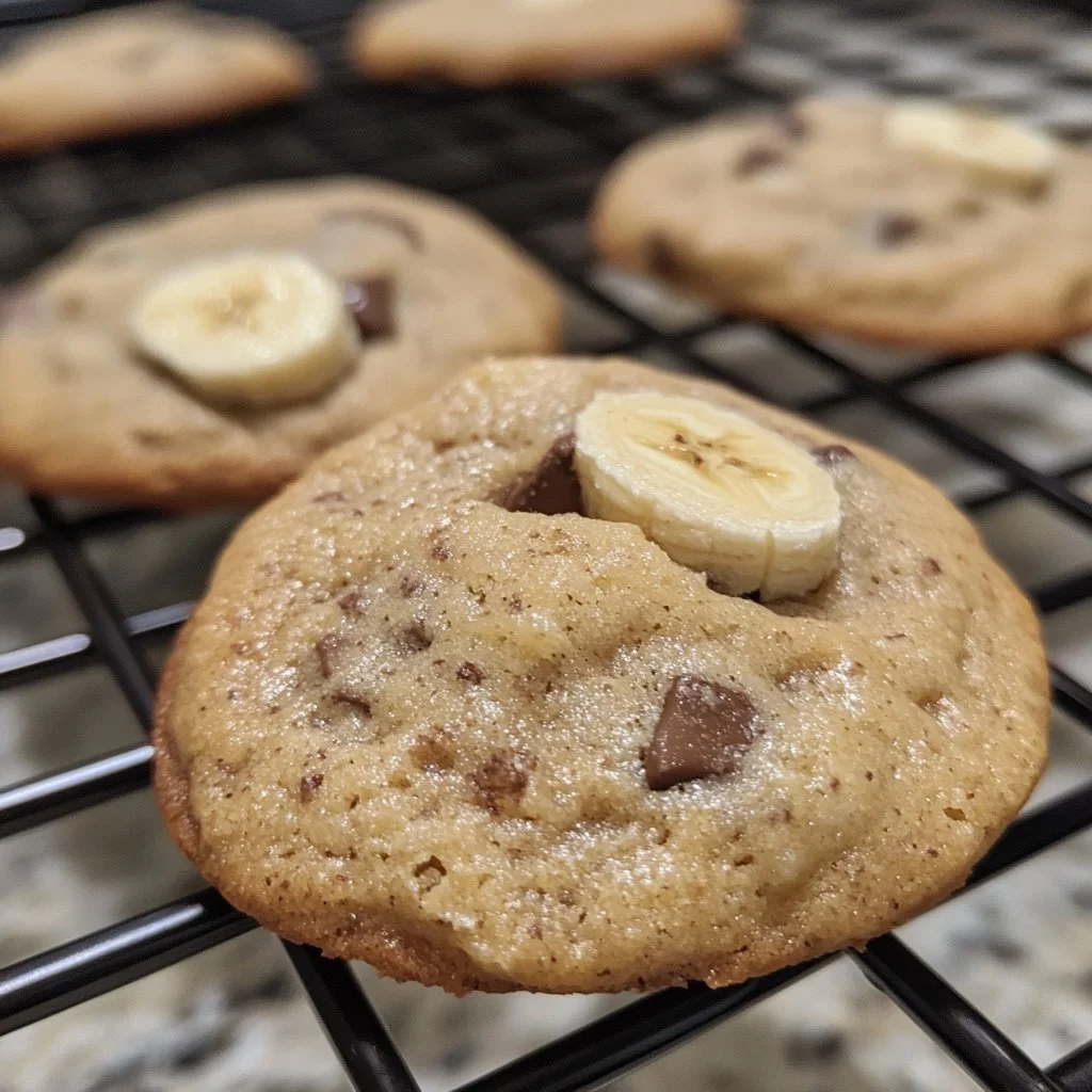 Soft banana bread cookies stacked on a plate with a banana in the background.
