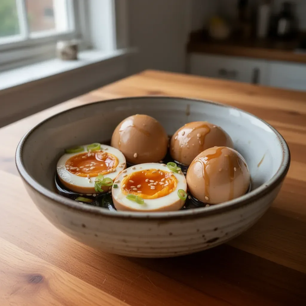Delicious soy sauce eggs served on a plate