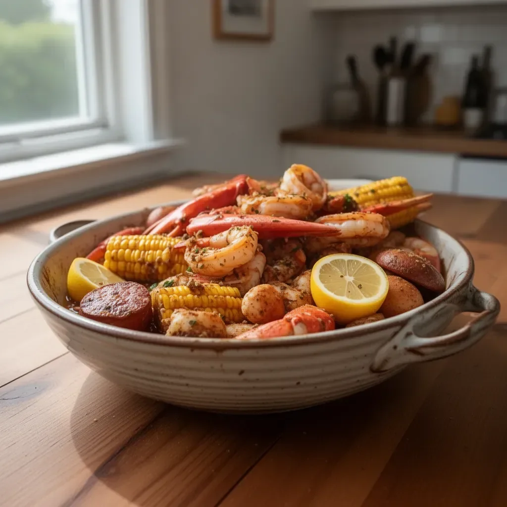 Spicy Cajun seafood boil with shrimp, crab, and vegetables on a table.