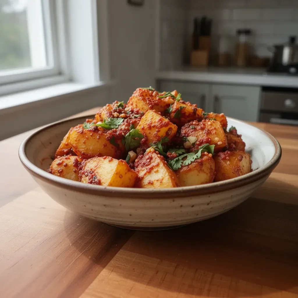 Spicy Mexican-style street potatoes served in a colorful dish