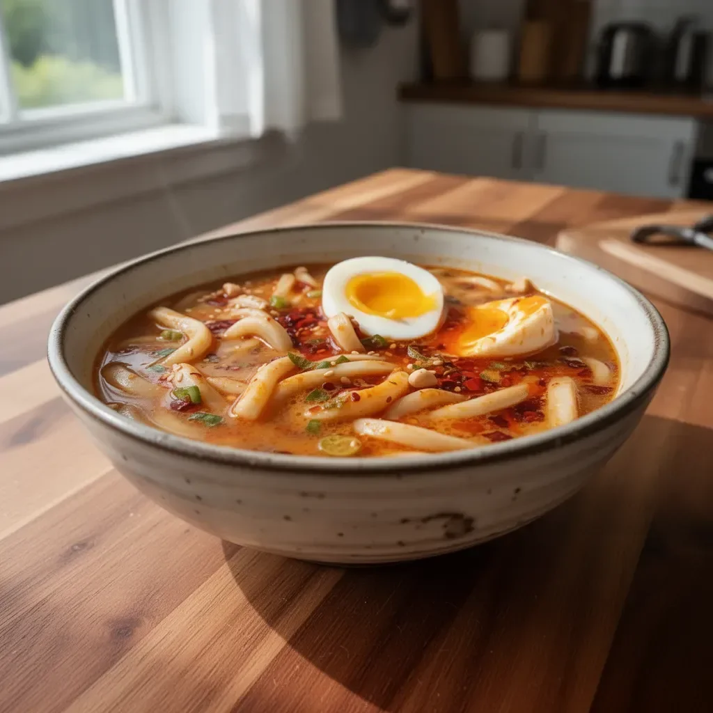 Bowl of spicy peanut udon noodle soup garnished with fresh herbs and vegetables