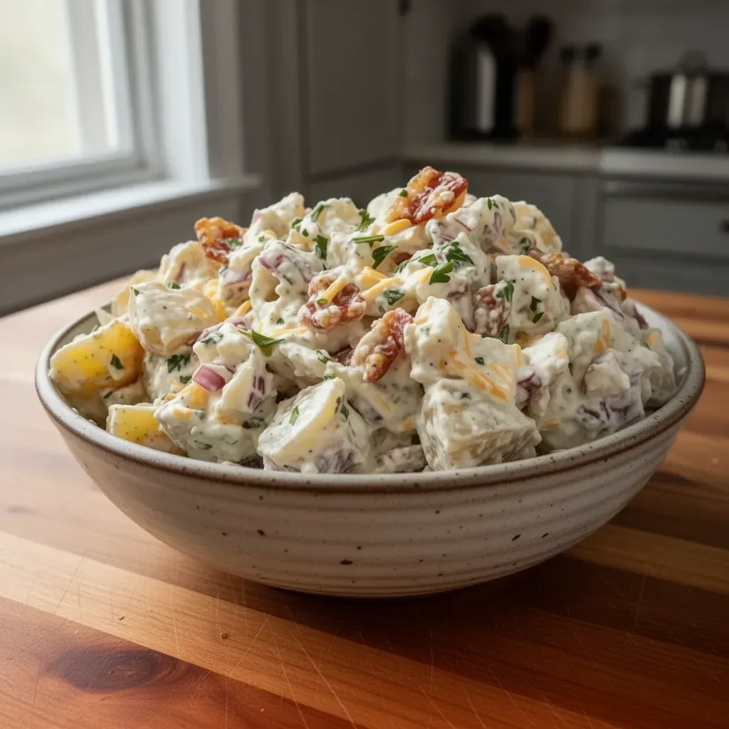 Delicious Steakhouse Potato Salad served in a bowl with fresh herbs and spices