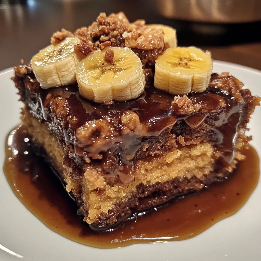 Delicious sticky banana bread pudding cake topped with a caramel glaze.